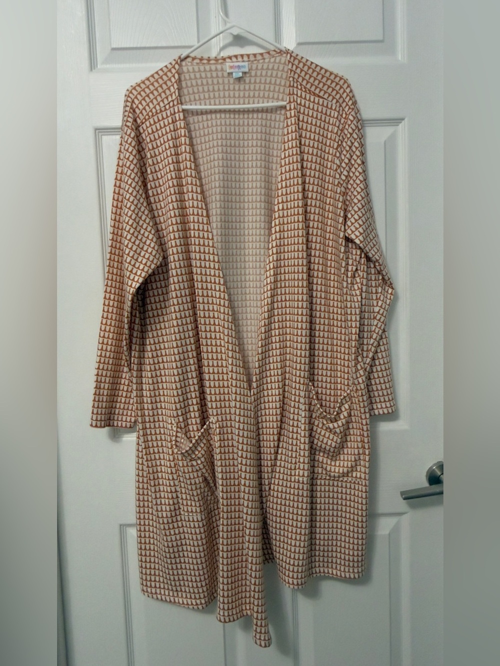 LuLaRoe Open Front Cardigan in Beige and Rust Geometric